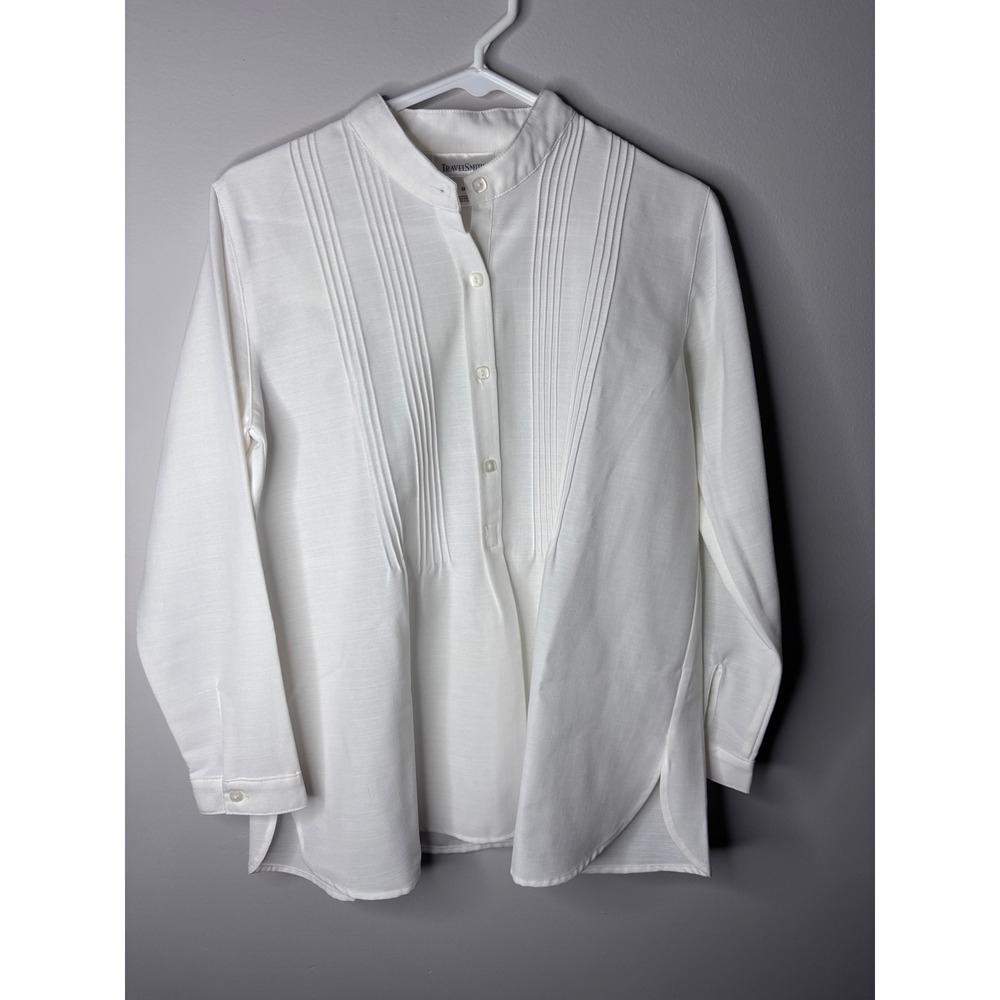 TravelSmith White Pintuck Mandarin Collar Blouse Petite Small SP Long Sleeve